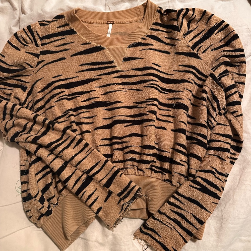Free People Tan and Black Crew Neck Sweater with Animal Print
